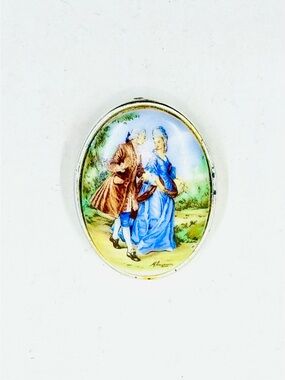 Vintage Signed Western Germany Hand-Painted Porcelain Courting Couple Brooch